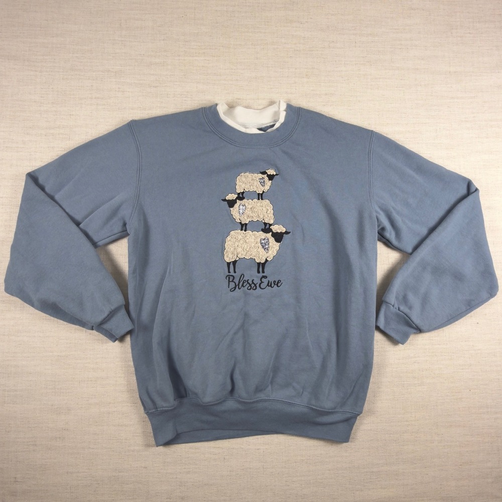 Morning Sun Vintage Bless Ewe Sheep Stack Sweatshirt Blue Small Grandma Chic
